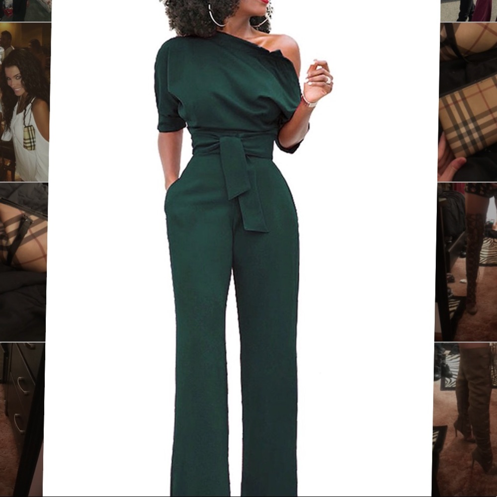 hunter green one off shoulder jumpsuit.